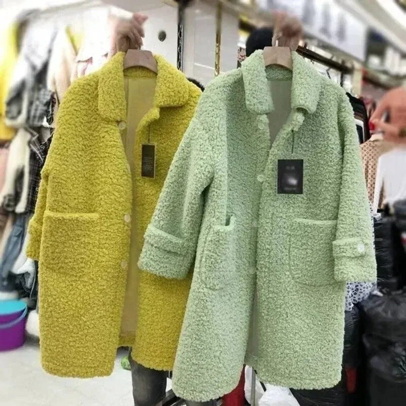 Jaket bulu domba imitasi untuk wanita, mantel musim dingin imitasi warna polos sederhana, jaket bulu domba imitasi warna kuning, jaket musim gugur kasual untuk wanita