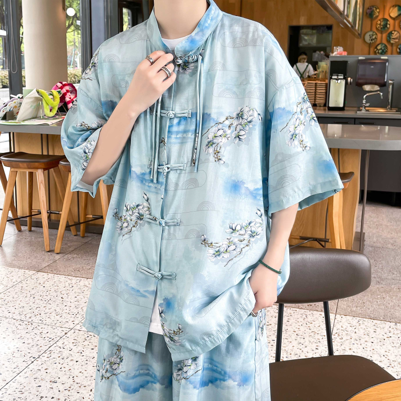 Completi estivi da uomo Streetwear camicie a maniche corte stampate a quadri + pantaloncini abbigliamento sportivo da uomo in stile cinese traspirante 2 pezzi abiti