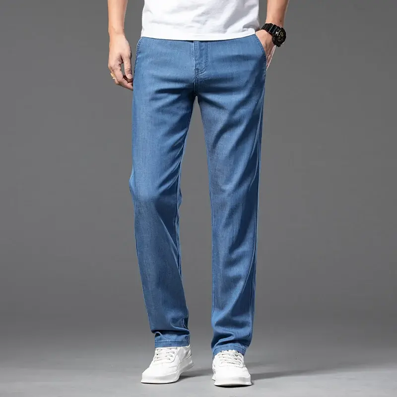 Celana panjang Jeans lurus mewah untuk pria, celana panjang Denim elastis klasik santai bisnis, celana panjang Jeans mewah untuk pria