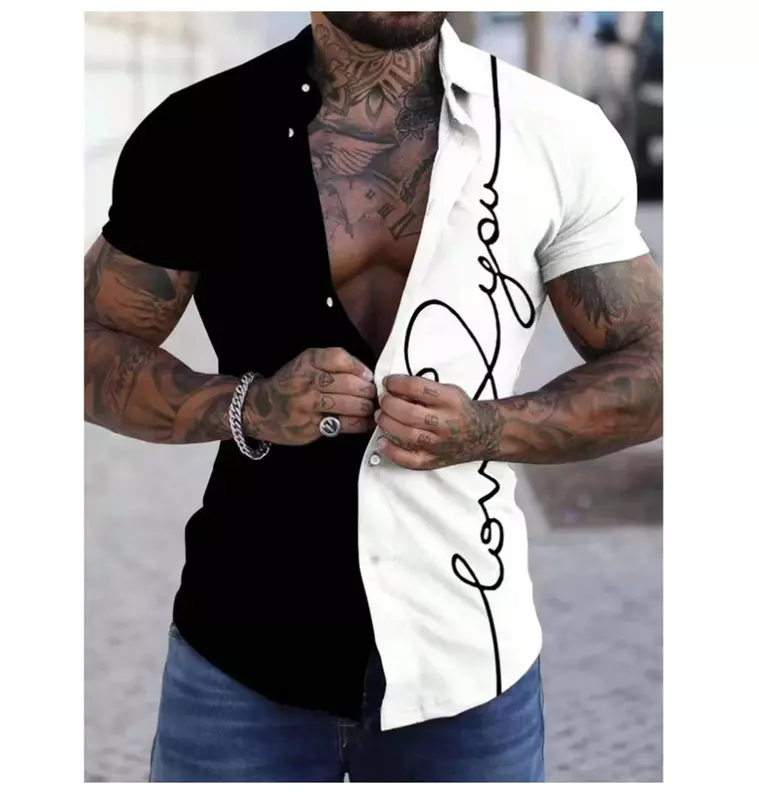 Camicia da uomo nuova splicing graffiti stampa 3D risvolto camicia abbottonata moda estiva vacanza per il tempo libero abbigliamento da uomo a maniche corte