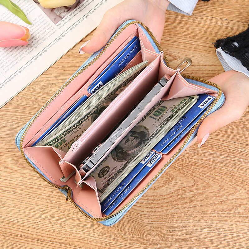 女性のためのジッパー付きの長いお金のバッグ,女性のための携帯電話の財布,エンボス加工されたデザイン,ファッショナブルでミニマリスト