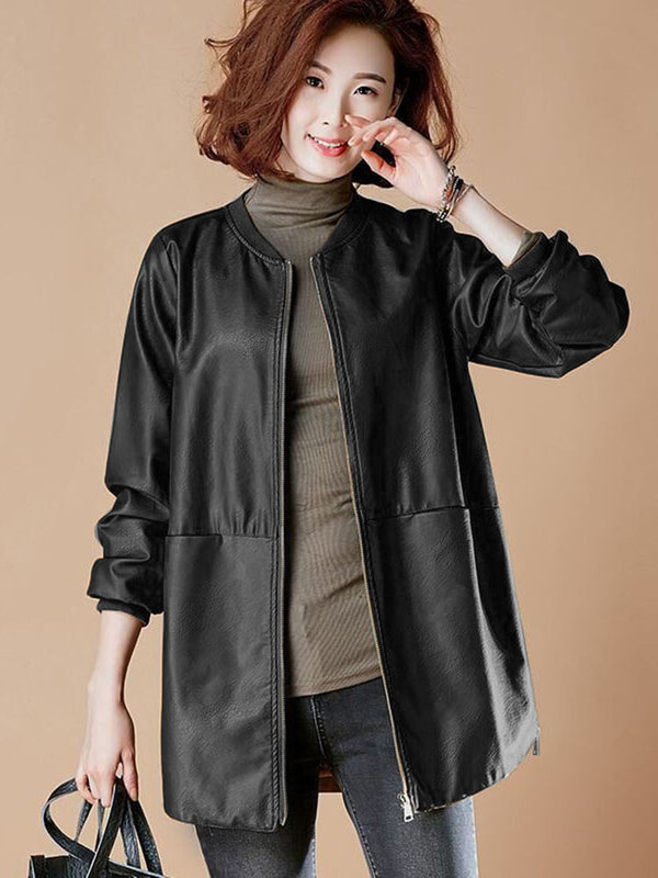 Women PU Leather Jacket 2023 New Female Spring Autumn Large Size 6XL Coats  Female Mid-length Leather Overcoat PU Leather Jacket