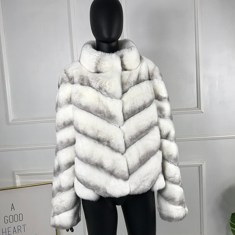 Abrigo de piel auténtica de conejo Rex Natural para mujer, chaqueta de invierno, prendas de vestir, Color Chinchilla, gran oferta
