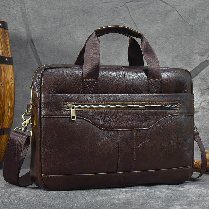 Tas kantor kulit asli untuk pria, tas bahu selempang kulit laptop 15.6 inci, tas kantor kulit sapi untuk pria
