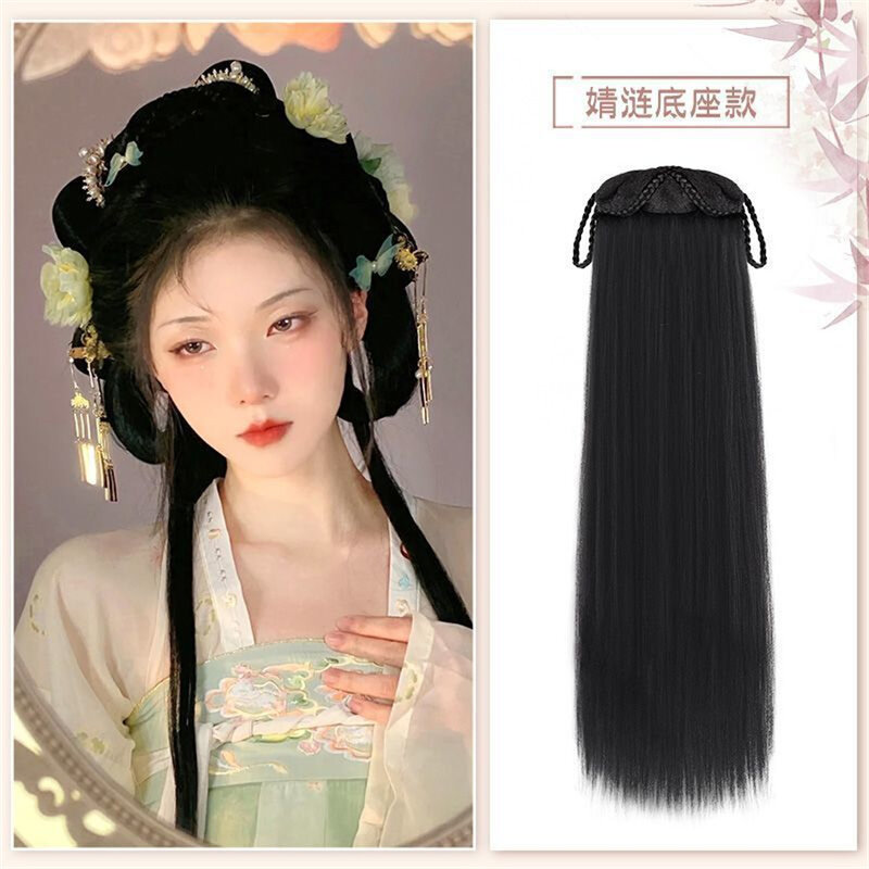 Damska syntetyczna opaska na głowę Hanfu do przedłużania włosów chiński styl Cosplay antyczne włosy akcesoria do włosów nakrycia głowy czarny