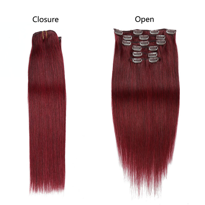 Extensiones de cabello humano Real para mujer, pelo liso sin costuras, 7 piezas, Color borgoña 99J #22-24 pulgadas, 100g