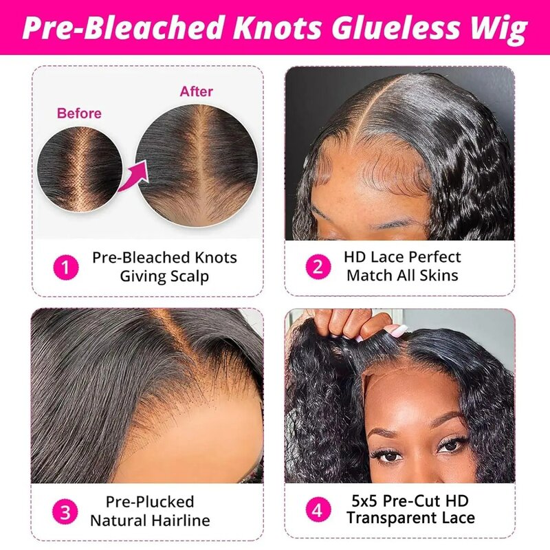 Wig Wear and Go Glueless Wigs Human Hair Pre Plucked Pre Cut Lace Closure Wig Water Wave Synthetic Lace Wigs for Beginners