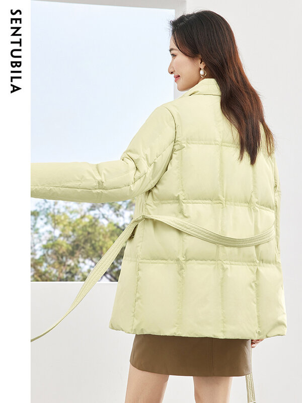 SENTUBILA Women Winter Fashion Casual Down Jacket 2023 Loose Notched Collar Warm Down Coat Windproof Jackets With Belt W34Y50538