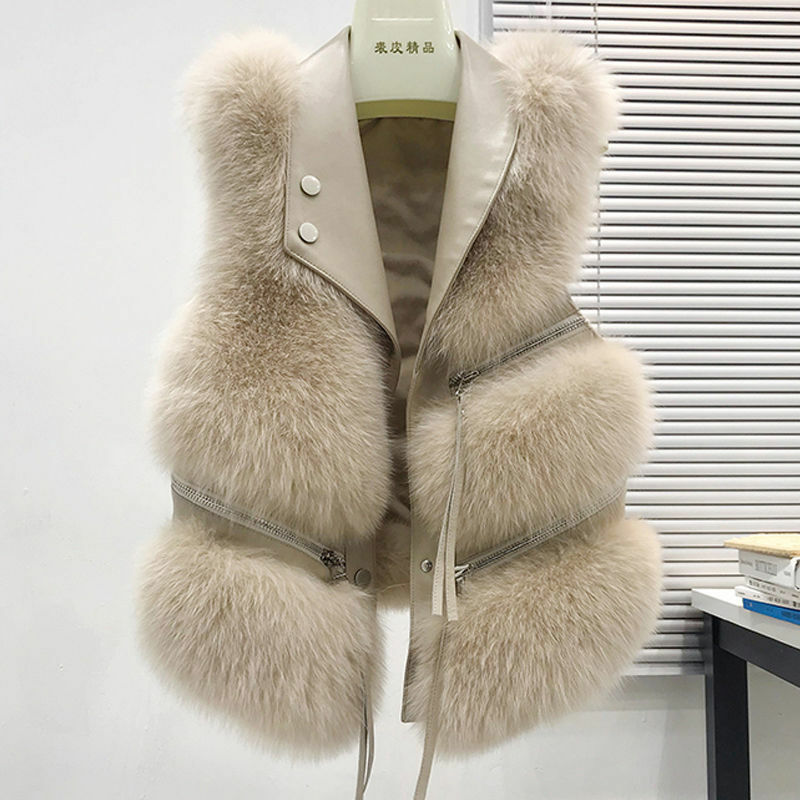 Chaleco de piel para mujer, abrigo corto ajustado, grueso, cálido, versátil, sin mangas, novedad de invierno, 2023