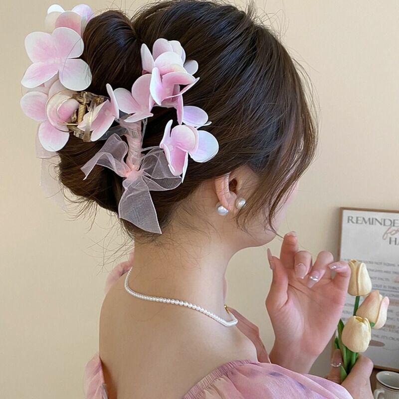 Cloth Flower Hair Claw Simulated Flower Ponytail Holder Sweet Hair Catches Headdress Mesh Bow Korean Style Hair Crab Clip Party