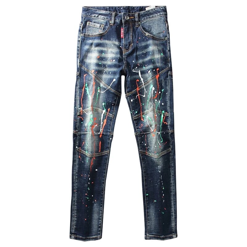 Moda streetwear calças de brim dos homens retro azul escuro elástico fino ajuste rasgado biker jeans homme pintado designer hip hop calças de brim