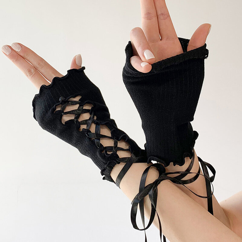 Y2k sarung tangan tanpa jari DIY Strapping lengan hangat jaring elastis lengan Lolita Jk Gothic Cosplay lengan pakaian aksesoris panas