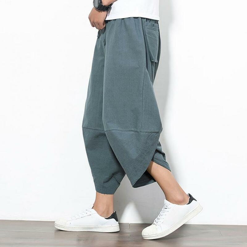 Calça masculina com cintura com cordão, estilo japonês, harém de meia panturrilha, bolsos múltiplos, virilha profunda, roupa diária casual