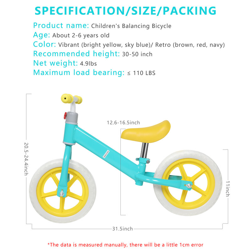 Bicicleta de equilibrio de 11 pulgadas para niños, neumáticos de acero al carbono y PE de altura ajustable para 2 a 6 años