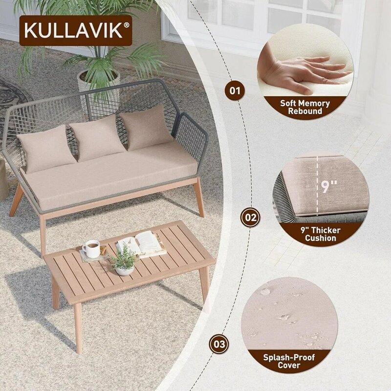Outdoor Patio Furniture Set,5 Pieces Indoor Rope Woven Sectional Sofa Set Modern Oak Patio Conversation Sets with Woode