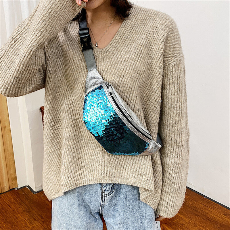 Модная сумка для женщин из искусственной кожи, тканевый поясной кошелек через плечо с блестками, забавная стильная нагрудная сумка на одно плечо