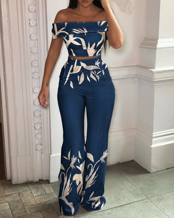 Summer New Women's Printed Off Shoulder Sexy Short Sleeve Short Top and High Waist Wide Leg Pants Set Female Lady Suits