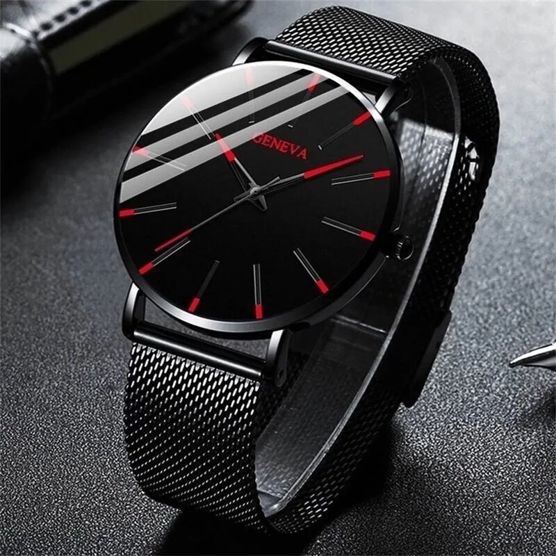 Jam tangan bisnis pria, 3 buah Set Fashion, jam tangan gelang hitam, kalung mewah Ultra tipis, sabuk jala Stainless Steel, jam kuarsa