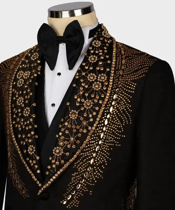 Schwarze Männer Anzüge Set 2 Stück Blazer Hosen Luxus goldenen Kristall maßge schneiderte Jacke Bräutigam Hochzeit Smoking Einreiher Mantel