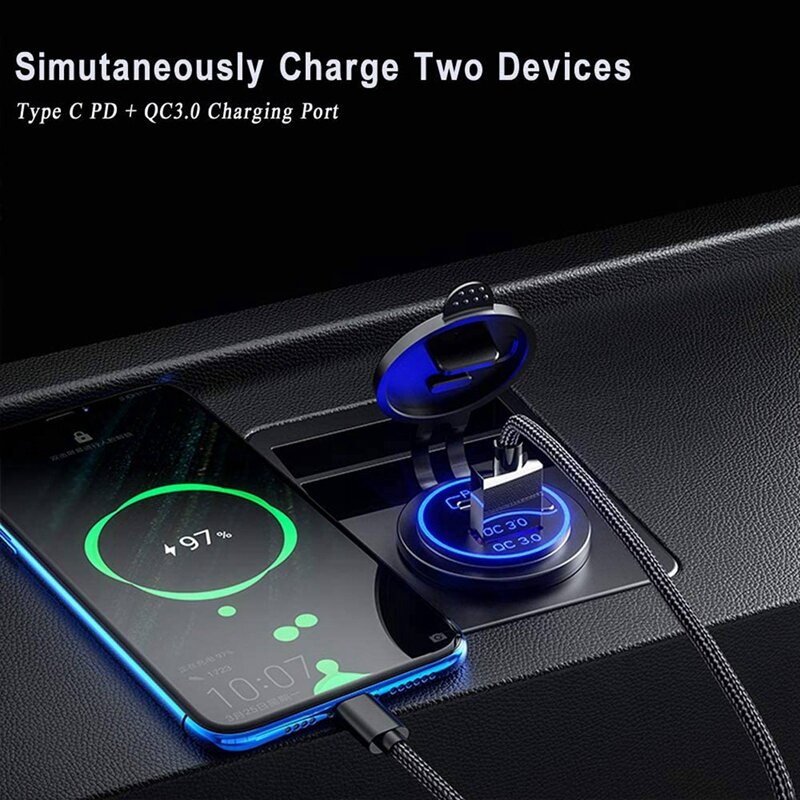 8X PD Type C USB Car Charger And QC 3.0 Quick Charger 12V Power Outlet Socket With ON/Off Switch Blue