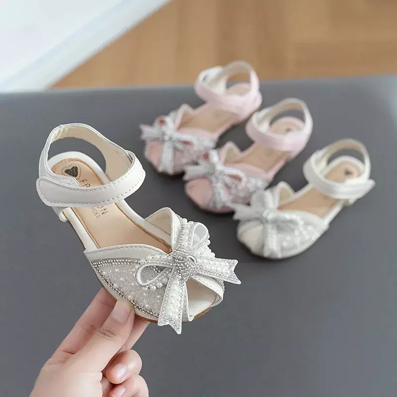 Sandalias planas para niña pequeña, zapatos de princesa con lazo de perlas dulces para fiesta, boda, moda elegante, informal, Verano