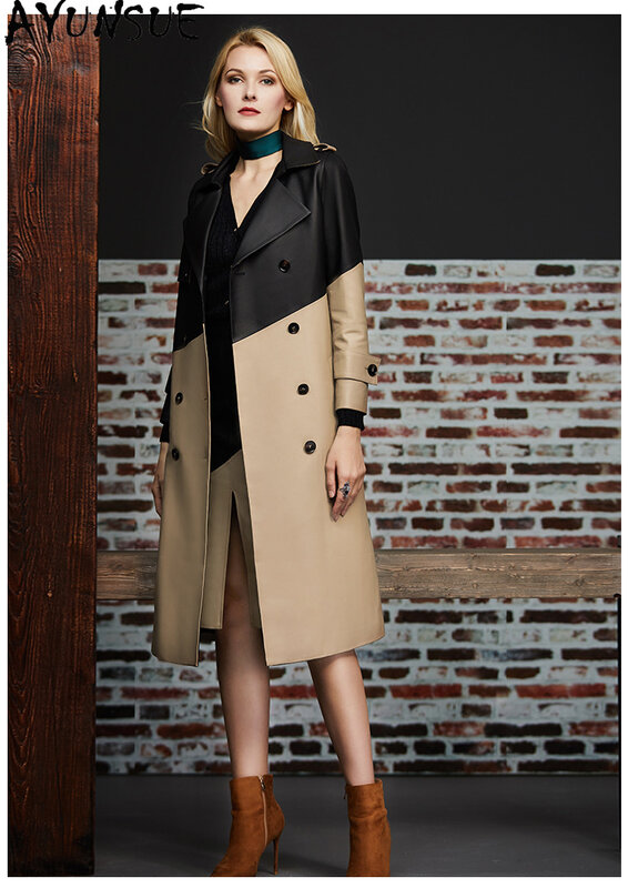 AYUNSUE 여성용 진짜 양가죽 코트, 중간 길이, 우아한 진짜 가죽 재킷, 레이스업 스트리트웨어, 고품질, 2023 가을, 겨울