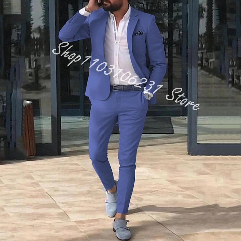 New Arrival Male Suits Slim Fit 2 Pieces Notched Lapel Casual Men Wedding Suits Groom Blazer Pants Costume Homme Mariage