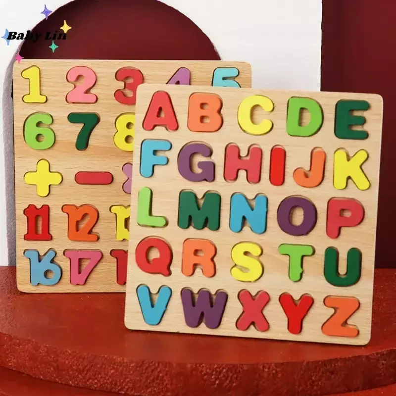 ABC-rompecabezas de madera para niños, juguetes educativos de aprendizaje temprano, rompecabezas con números del alfabeto, para preescolar