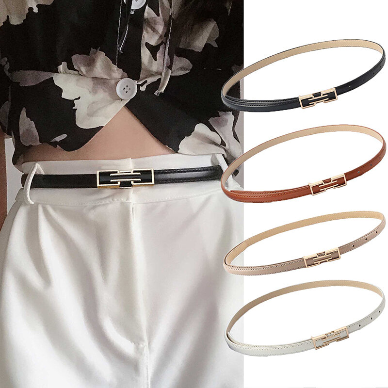 Fashion Leather Thin Belt Solid Color Skinny Waist Belt Ladies Trouser Dress Decoration Adjustable Golden Metal Buckle Waistband