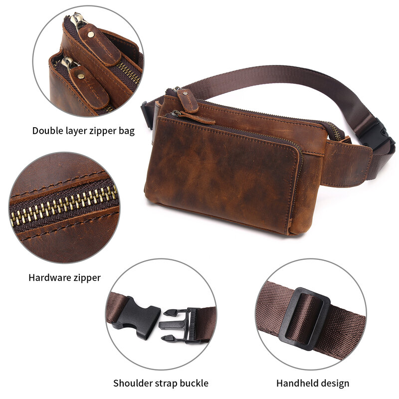 Cowhide Waist Fanny Pack-Genuine Leather and Slim with Adjustable Waistband Purse Casual  Shoulder Cross Body Bags Waist Wallet
