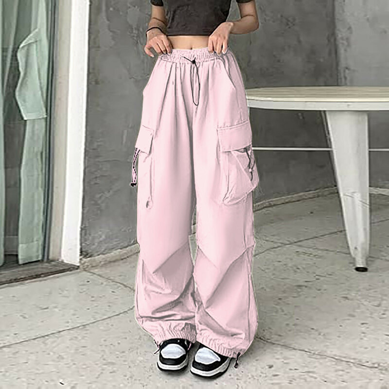 กางเกงคาร์โก้สตรีทแวร์กางเกงฮิปฮอปจ๊อกกิ้งมีเชือกผูกแบบลำลองทรงหลวมกางเกงขายาวขากว้างสีพื้น