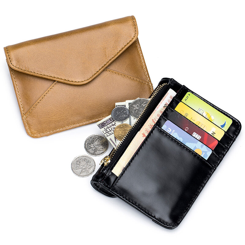 Carteira curta de cera vintage para mulheres, couro genuíno, bolsa de moedas feminina, bolsa pequena, estilo envelope