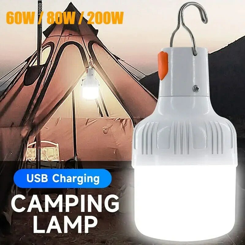 Luz LED de alta potencia para acampada, faroles portátiles recargables de 200W, 80W y 60W, Bombilla de iluminación para tienda de barbacoa de emergencia al aire libre con gancho