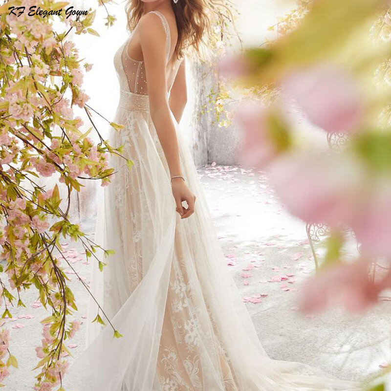 Женское свадебное платье без рукавов, белое кружевное платье с V-образным вырезом и открытой спиной
