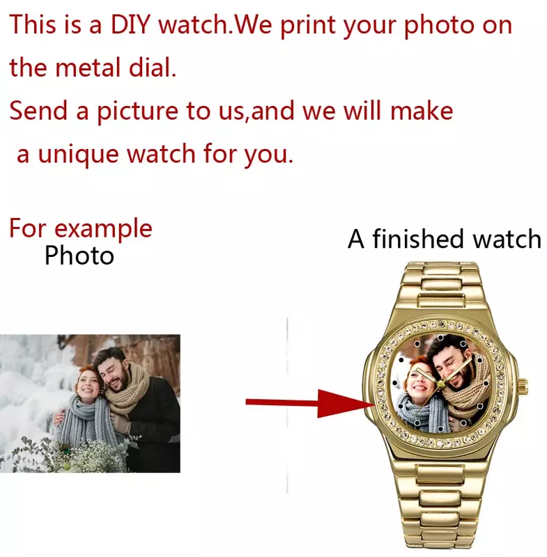 นาฬิกาพลอยเทียมสีทองสีดำสำหรับผู้ชายนาฬิการูปถ่ายที่กำหนดเองได้ออกแบบโลโก้นาฬิกาของขวัญ DIY ส่วนบุคคลสำหรับผู้ชาย