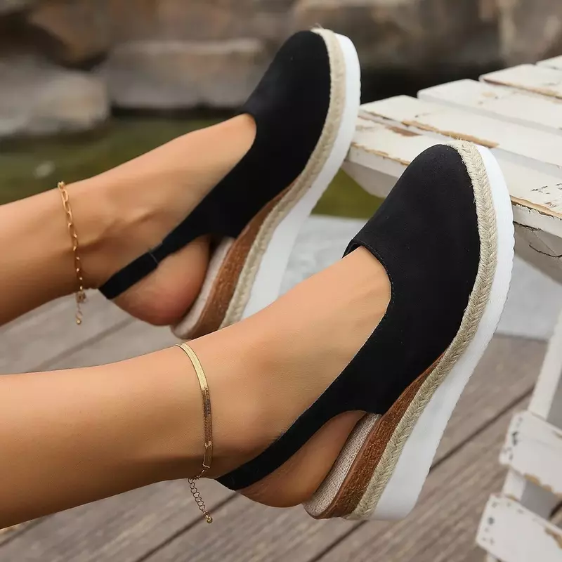 Sandálias de cunha simples para mulheres, sapatos artesanais boêmios para senhoras, alpercatas confortáveis casuais, bombas de plataforma, verão