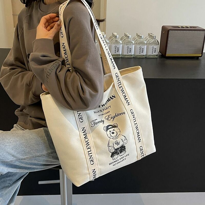 Canvas Shoulder Bags Stylish Cute Bear Large Capacity Commuting Bag Letter Printing Tote Bags Women Men