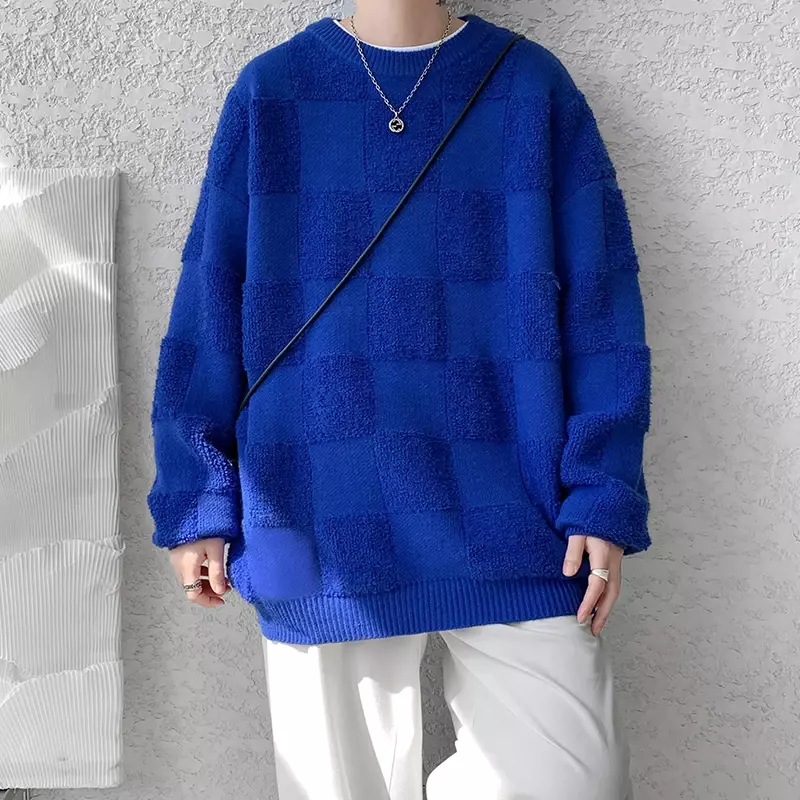 New American Style Towel Check Design Fashion Sweater Coat Men's Fall Winter Casual Loose Pullover Unisex Sweater Streetwear