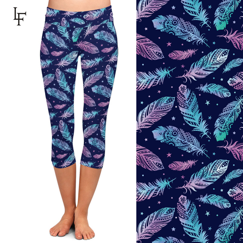 LETSFIND 3D Feather ดิจิตอลพิมพ์กางเกงขายาวสูงเอว Mid-Calf 3/4ยืดกางเกงขายาวผู้หญิงฤดูร้อนใหม่