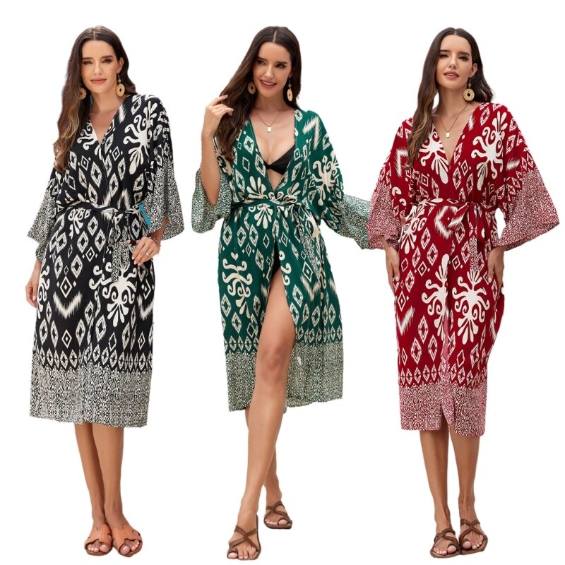 2024 New Womens Geometric Print Kimono Swimsuit Coverups Summer Casual Loose Open Front Cardigans Beach Dress for Bathing Suit