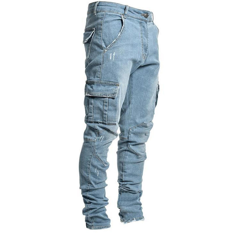 Новинка 2024 г., уличные узкие джинсовые карго с несколькими карманами и отверстиями для ног