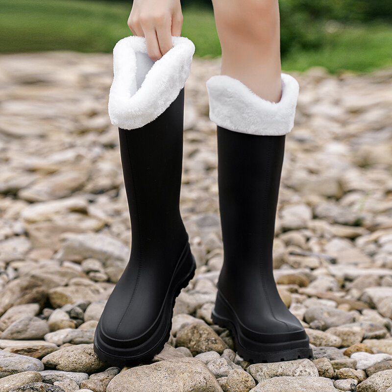 STRONGSHEN Fashion Women Rainboots PVC Waterproof Rubber Warm Fur Boots Non-slip Wear-resistant Knee-high Boots Zapatos Mujer