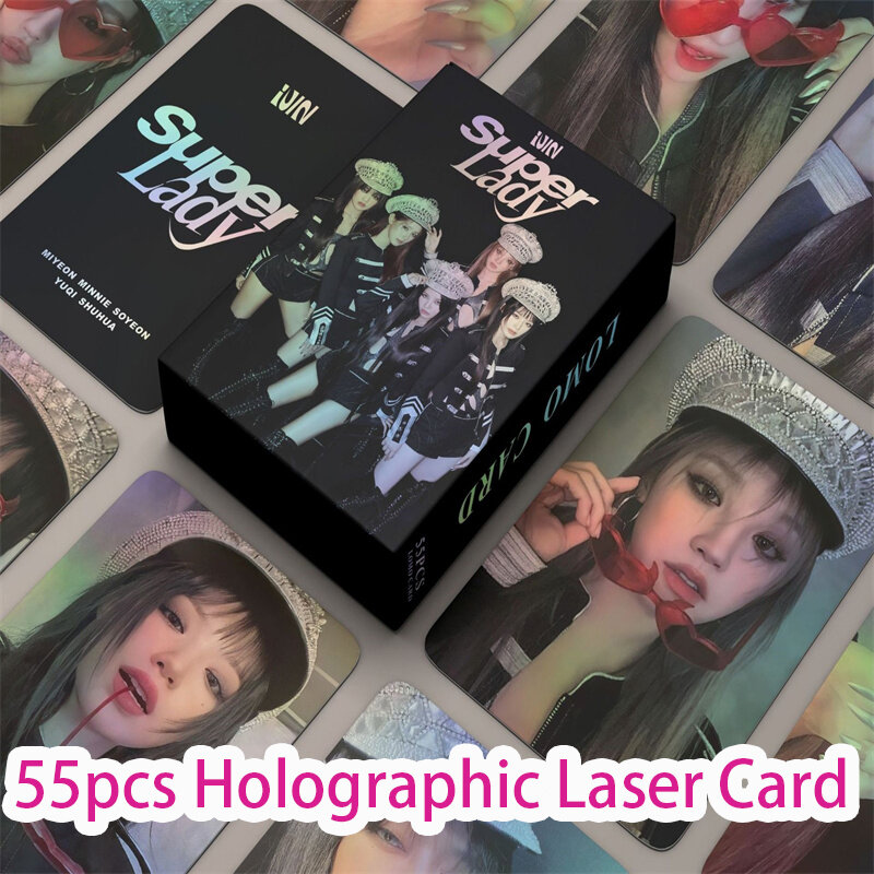 KPOP 55 sztuk/zestaw (G)I-DLE laserowa mała karta 2. Album Super Lady Hologram fotokartka kartka MINNIE YUQI MIYEON