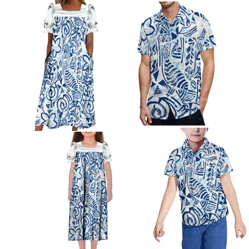 New Custom Polynesian Family Clothing Microsian Square Collar Mumu Women Dress Girls Dress Men Shirt Boys Shirt