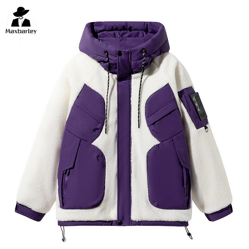 Lamb cashmere patchwork trendy down jacket Japanese versatile loose hooded jacket men's winter top graphene heat storage