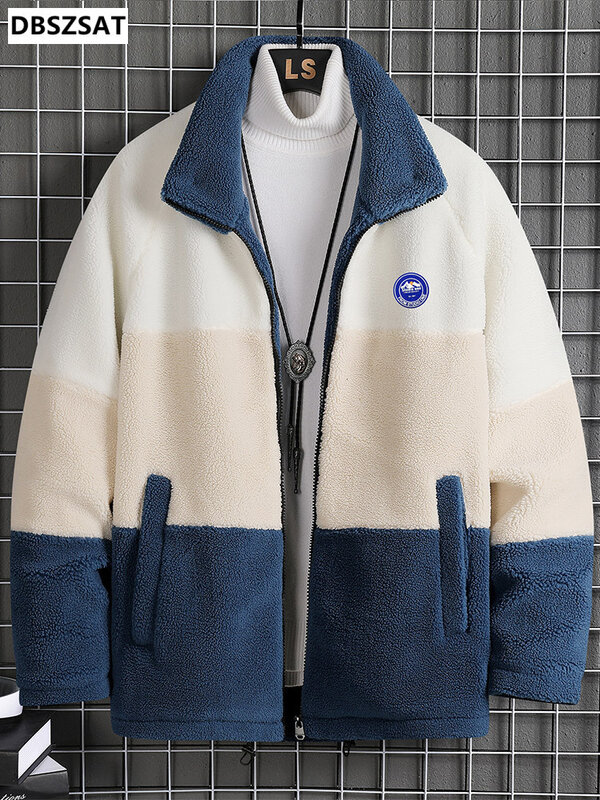 Jaket Hangat Musim Dingin Pria Baru 2023 Jaket Bulu Domba Mode Tambal Sulam Kerah Berdiri Mantel Besar Parka Termal Tebal Ukuran Plus 8XL