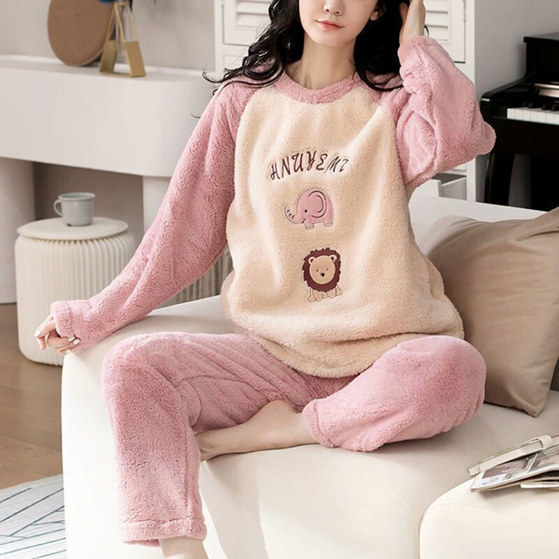 Women Fuzzy Pajama Sets Kawaii Leisure Loose Two-Piece Sleepwear Set for Women Girls Nightwear
