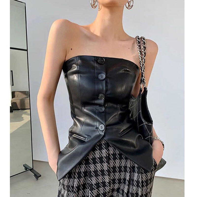Europejski amerykański seksowna sukienka gorset Top kobiety klient czarny/brązowa prawdziwa skóra Slim Fitness bez kołnierza kurtka Femme Chi