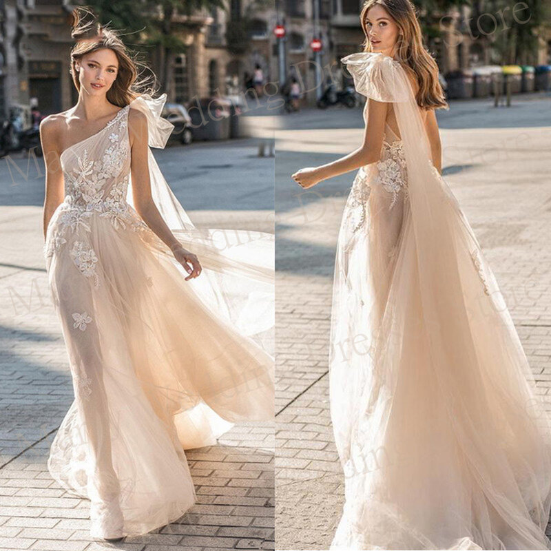 Piękne, pełne wdzięku damskie sukienki ślubne nowoczesne aplikacje koronkowe suknie panny młodej nowe jedno ramię tiul Vestidos De Novias