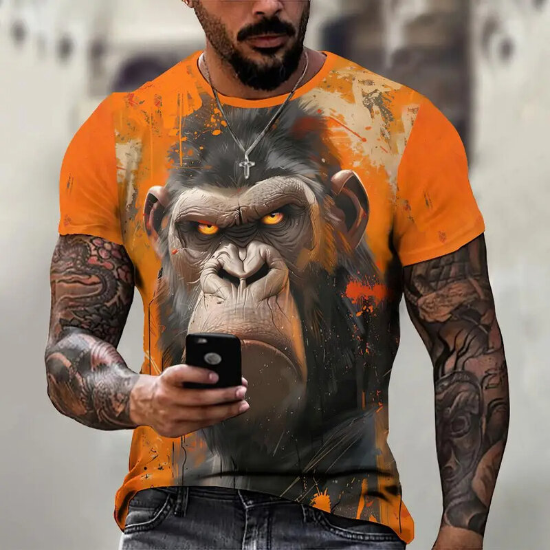 Kaus pria baru musim panas, pakaian Atasan Pria jalanan kasual lengan pendek ukuran besar gambar cetak 3D hewan marah
